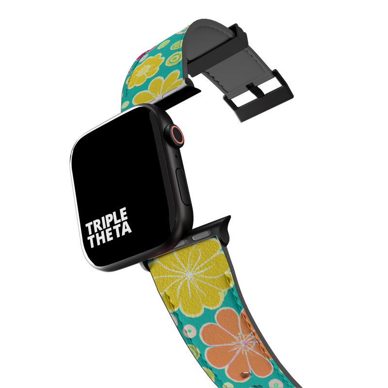 Lively Turquoise Retro Floral Collection Band For Apple Watch